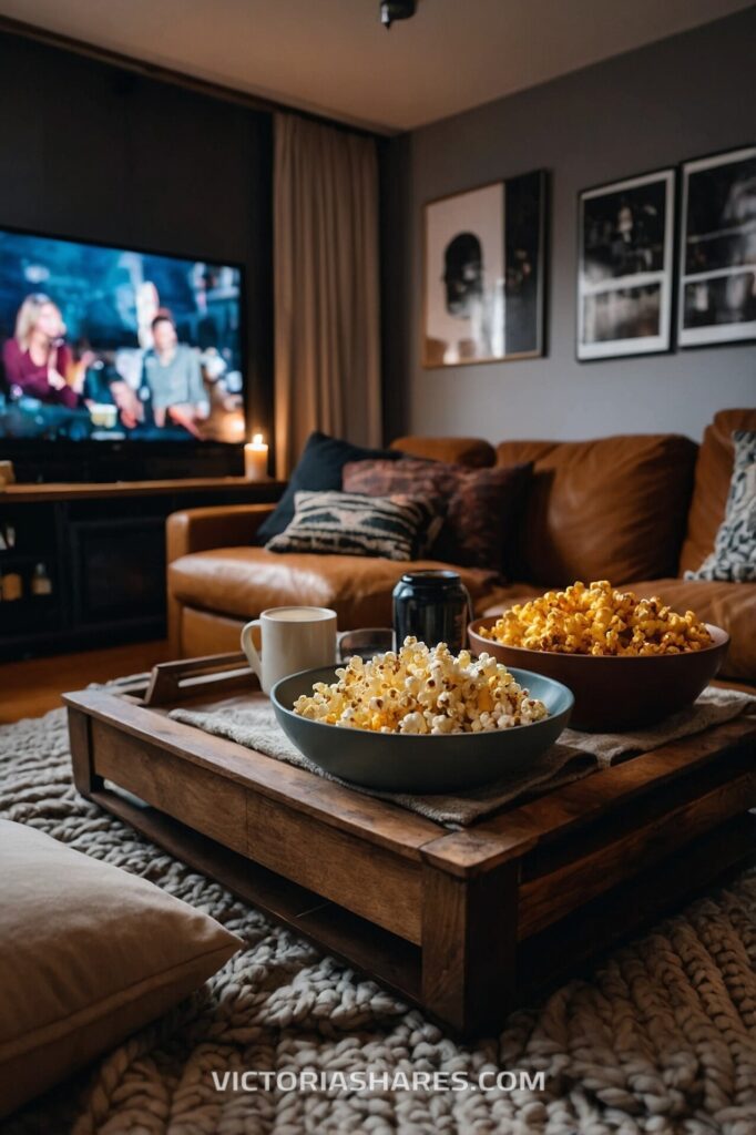 Cozy living room with bowls of popcorn, hot drinks, and a candlelit movie night setup on a knit blanket, creating a relaxed evening atmosphere. Seasonal Entertaining Ideas for Small Apartments