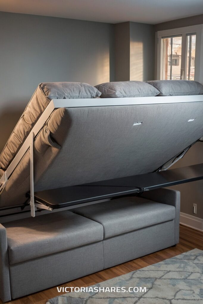 A grey convertible sofa bed is shown partially unfolded, transforming from a couch into a bed, providing a versatile seating and sleeping solution for small apartments.