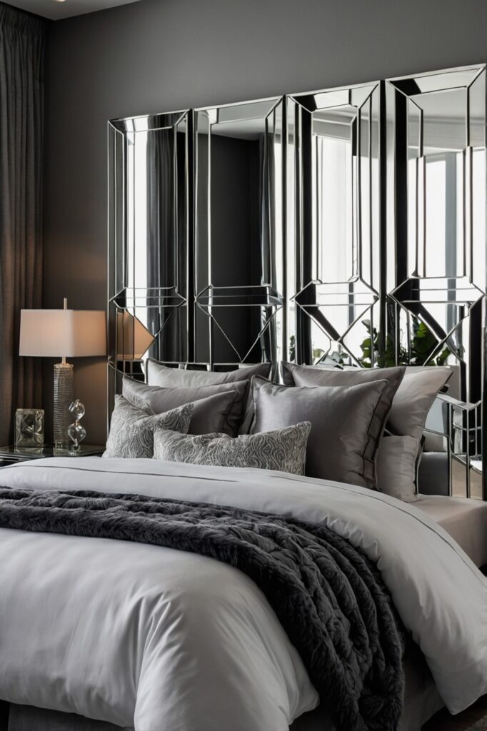 A mirrored headboard with sleek, geometric-shaped mirrors framed in brushed silver, mounted behind a bed in a sophisticated modern bedroom, with mirrored panels on either side reflecting light and creating a sense of spaciousness, soft lighting enhancing the room's brightness and elegance