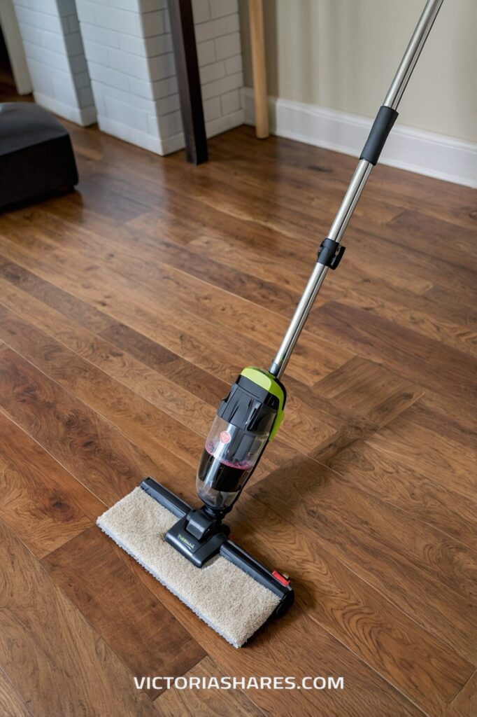 A cleaning mop with an attached sprayer is positioned on a polished wooden floor, ready for use