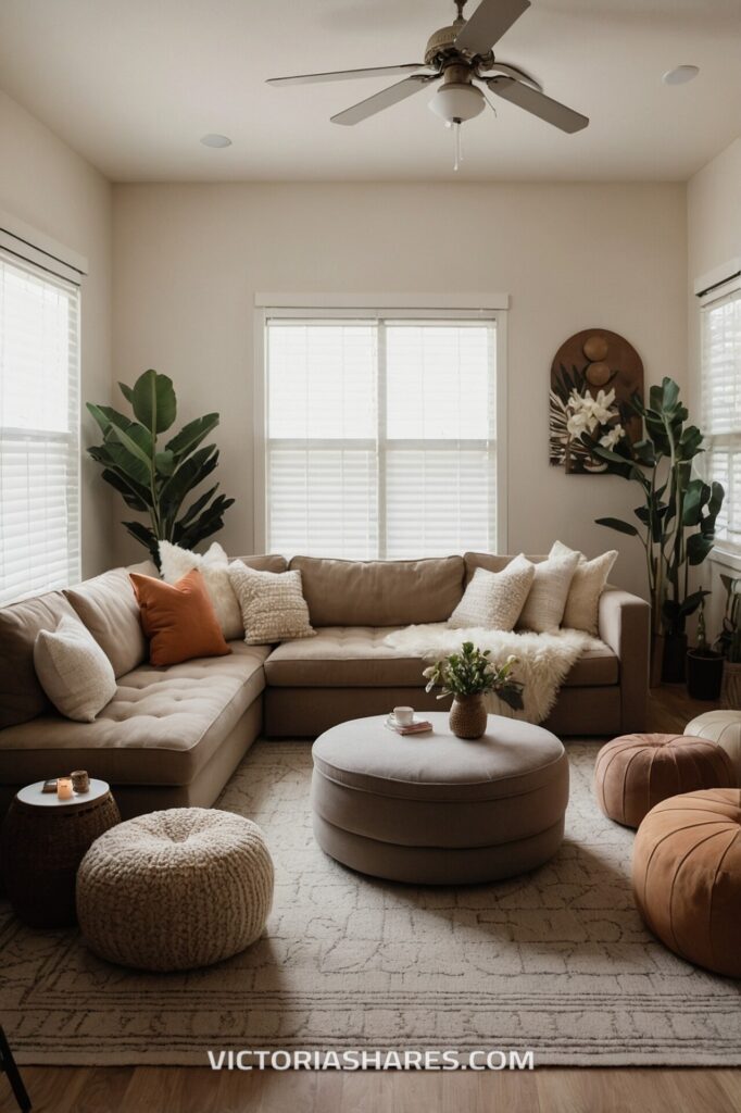 A bright, airy living room in a small apartment with a beige sectional sofa, cozy pillows, soft poufs, and natural light streaming through the windows.