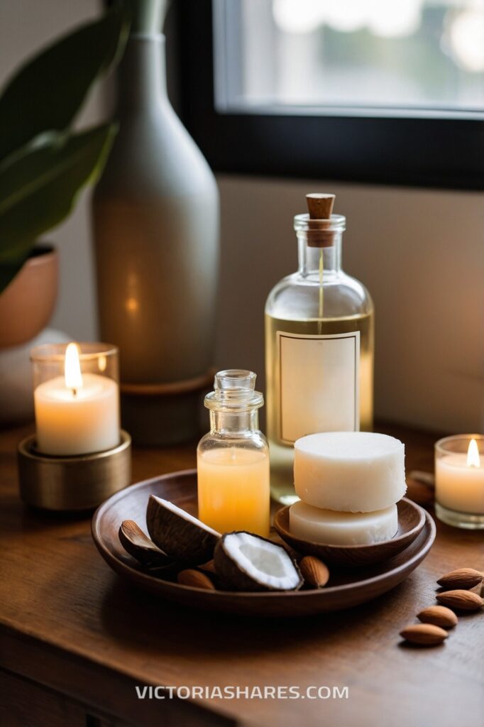 Small space spa essentials on a wooden tray, featuring candles, natural oils, coconut pieces, and almond slices for a soothing ambiance.