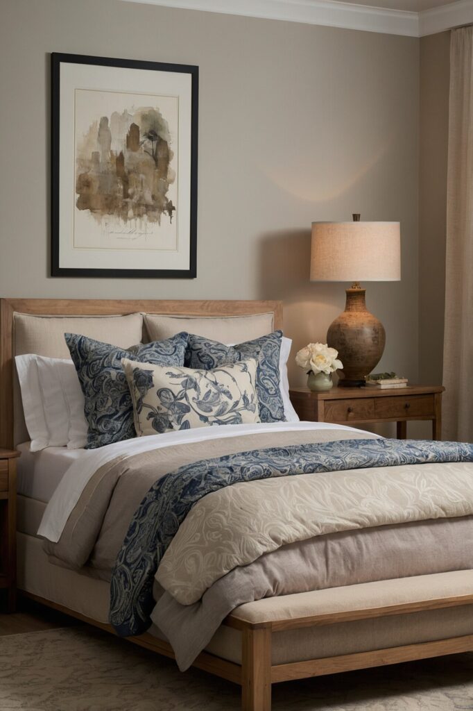 An inviting guest room designed to feel like a home away from home, featuring carefully chosen artwork that reflects local culture and personal taste, a mix of framed prints and photographs in various sizes create a visually interesting gallery wall, the colors of the artwork complement the room's neutral and pastel color palette, soft ambient lighting enhances the warmth and intimacy of the space,