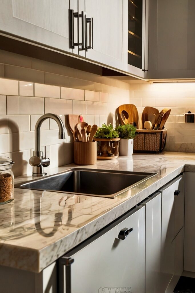 A compact kitchen sink area with marble countertops features wooden utensils, fresh herbs, and soft under-cabinet lighting, creating a cozy, functional space.