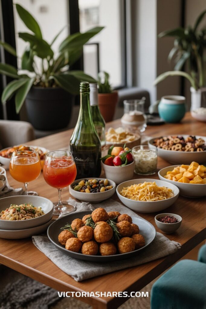 Casual gathering spread with a variety of appetizers, fruits, drinks, and dips arranged on a wooden table in a small apartment setting.