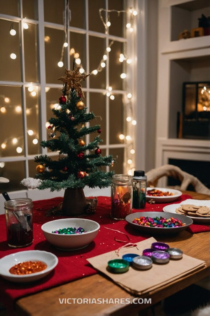 Festive craft table with a small decorated Christmas tree, colorful craft supplies, cookies, and string lights, creating a cozy holiday atmosphere. Seasonal Entertaining Ideas for Small Apartments