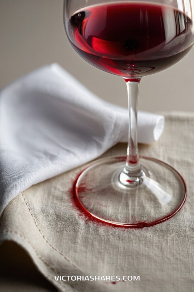 Red wine glass leaves a stain on a beige cloth napkin, with a white napkin nearby, creating a simple but urgent need for quick cleanup.