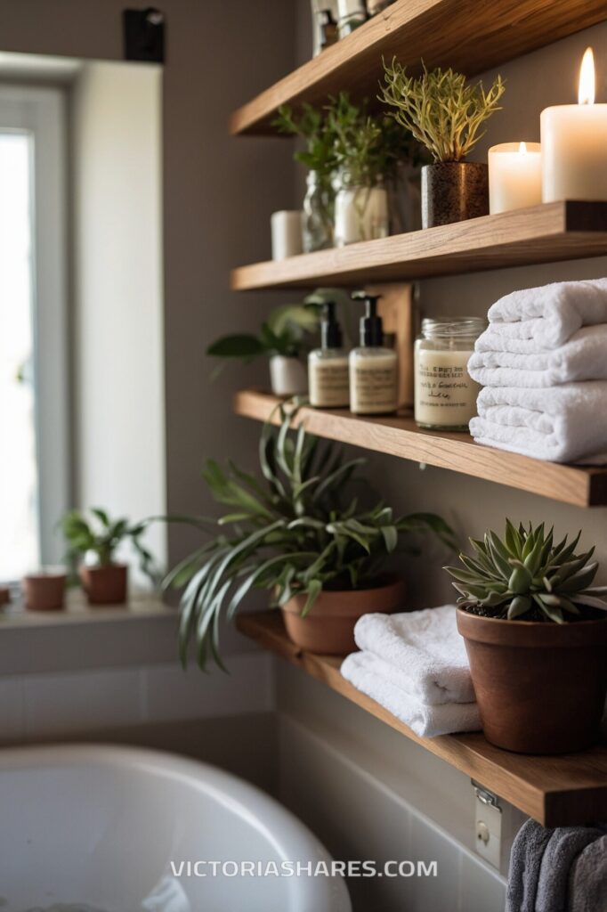 Compact small space spa bathroom with wooden shelves displaying candles, potted plants, neatly folded towels, and natural skincare products.