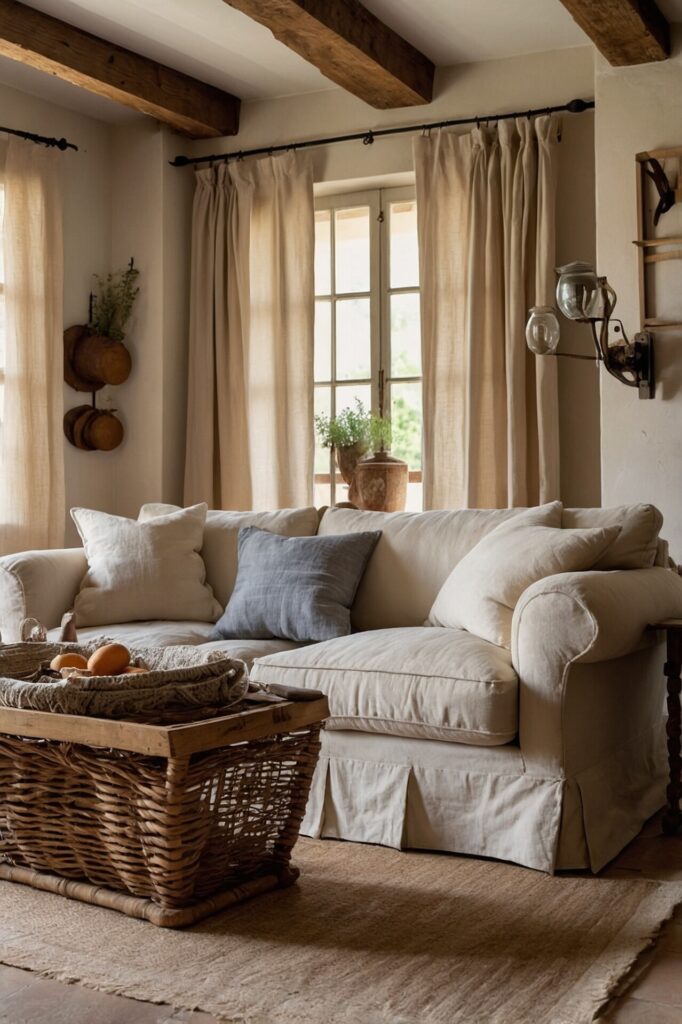 A cozy living room featuring French Country Décor with a beige sofa, wicker coffee table, rustic accents, and soft natural lighting.