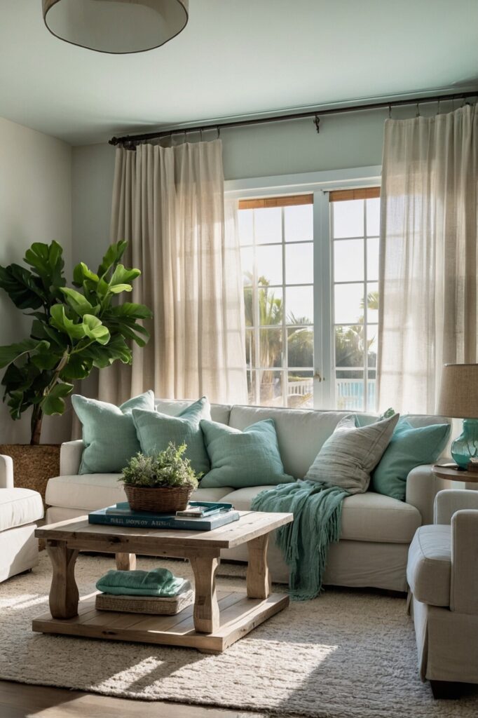 A sunlit living room with coastal décor, featuring a white sofa adorned with seafoam green pillows and a matching throw blanket. A rustic wooden coffee table sits on a soft, textured rug, with a basket of plants as a centerpiece. Large windows with sheer beige curtains allow natural light to fill the room, while a large potted plant adds a fresh, organic touch. The overall ambiance is calm and beach-inspired.