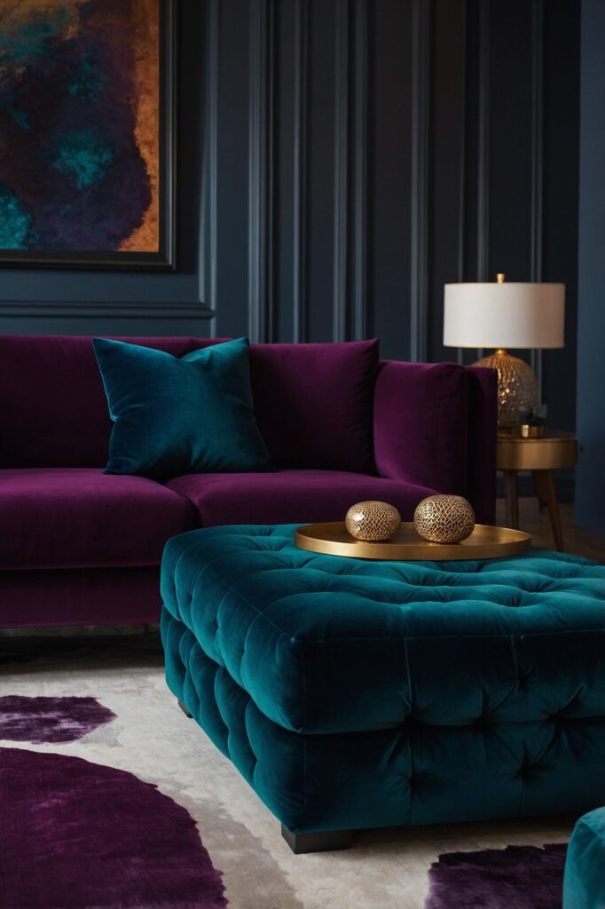 A luxurious living room with a purple velvet sofa, a teal tufted ottoman, and a gold tray holding two decorative orbs. An abstract painting in rich blue and gold tones hangs on a dark paneled wall, while a brass lamp on a side table adds a warm glow.