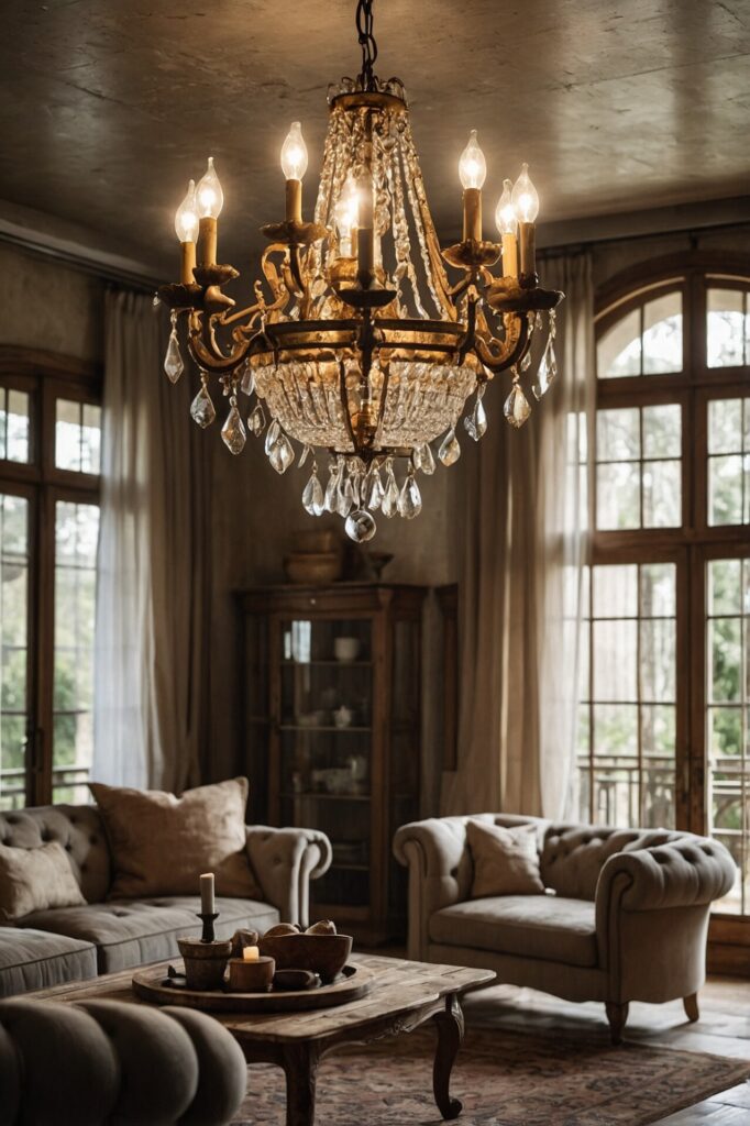 A living room with French Country Décor, featuring an ornate crystal chandelier, tufted armchairs, a rustic wooden coffee table, and large windows allowing natural light to fill the space.