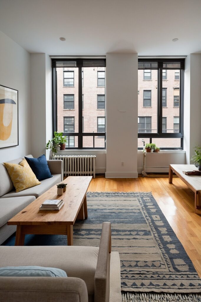 Bright Scandinavian living room with neutral furniture, wooden coffee tables, and a blue patterned rug near large windows.