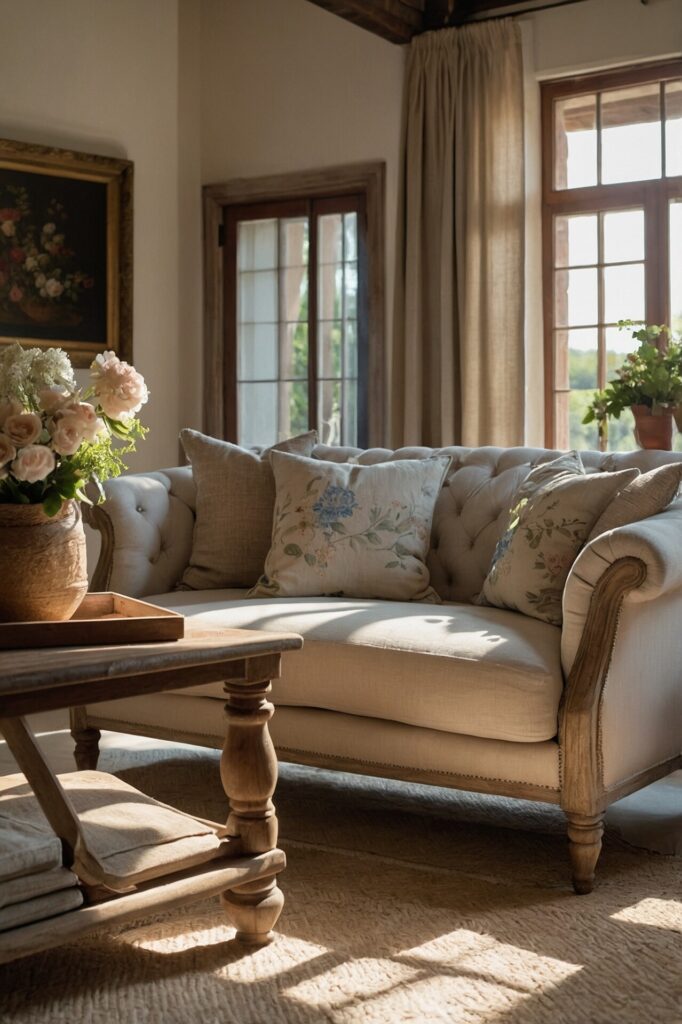 A sunlit living room with French Country Décor, featuring a tufted beige sofa with floral cushions, a rustic wooden coffee table, and fresh flowers in a vase, creating a serene and inviting atmosphere.