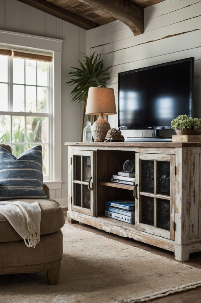 A coastal-themed living room featuring a reclaimed weathered wood TV console with wire mesh cabinet doors, adding a rustic touch to the space. On top of the console sits a woven table lamp, a potted plant, and decorative coastal accents. A large flat-screen TV is mounted above the console, while a beige armchair with a blue-striped pillow and a cozy throw blanket adds comfort to the room. The natural light streaming through the window, combined with the exposed wooden beams on the ceiling and neutral-toned rug, enhances the beach-inspired, relaxed atmosphere.