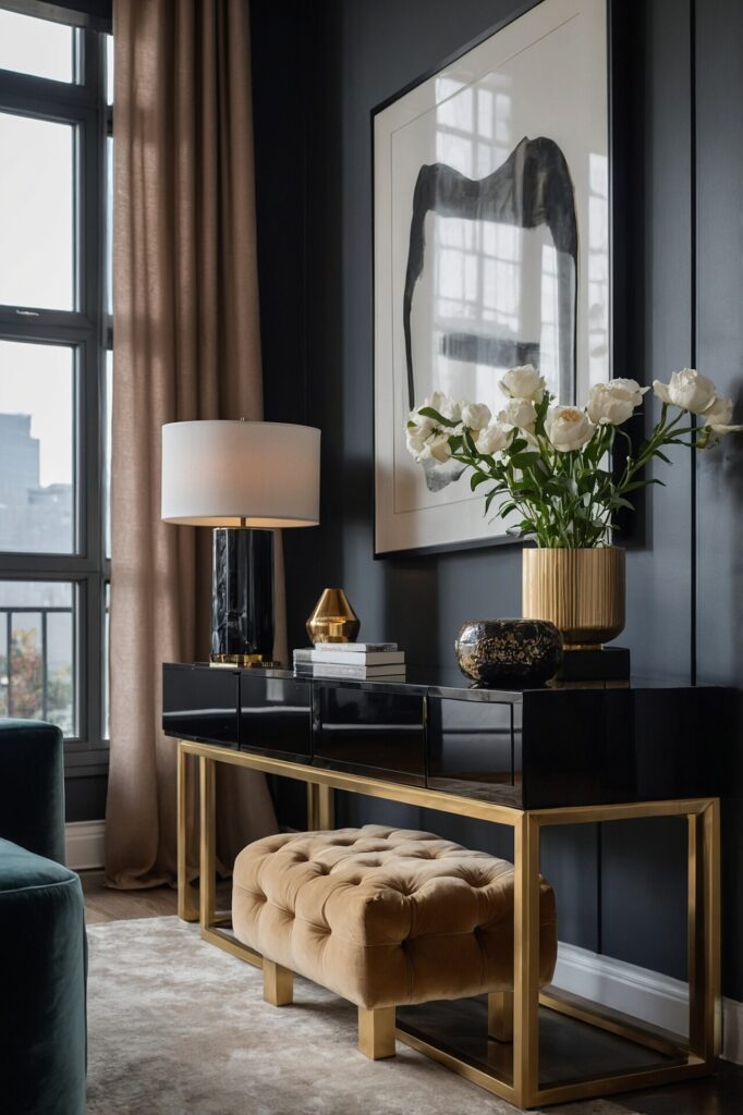 A stylish living room corner featuring a glossy black console table with a gold frame. On the table are stacked books, a black marble lamp with a white shade, and a gold vase holding white flowers. Below the table, a tufted beige ottoman with gold legs sits on a plush cream rug. A large abstract black-and-white artwork hangs on the dark wall behind the table, while natural light pours in from tall windows with beige curtains. The decor creates a modern, elegant atmosphere with rich contrasts.