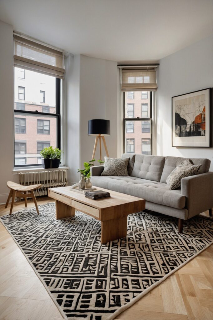 Bright Scandinavian living room with a gray sofa, wooden coffee table, black floor lamp, and a patterned rug under large windows.