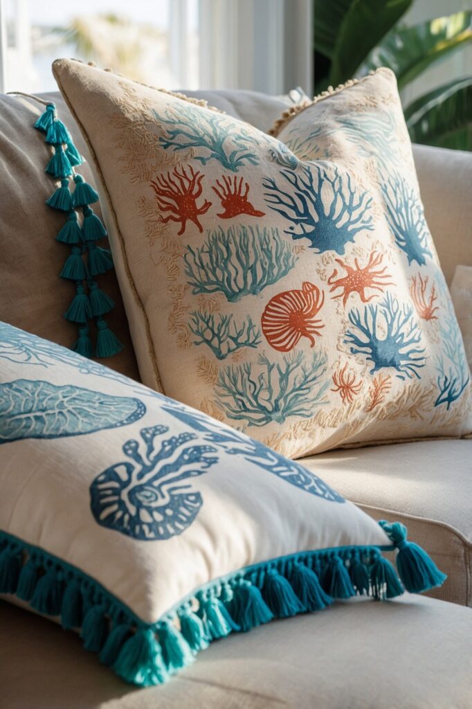 Close-up of coastal-themed throw pillows in a living room, featuring intricate coral and seashell designs in shades of blue, orange, and beige. The pillows are accented with turquoise tassels, adding a playful, beachy touch. The soft sunlight highlights the vibrant colors and textures, contributing to the relaxed, seaside ambiance of the space. In the background, leafy green plants and soft neutral tones complement the overall coastal décor.