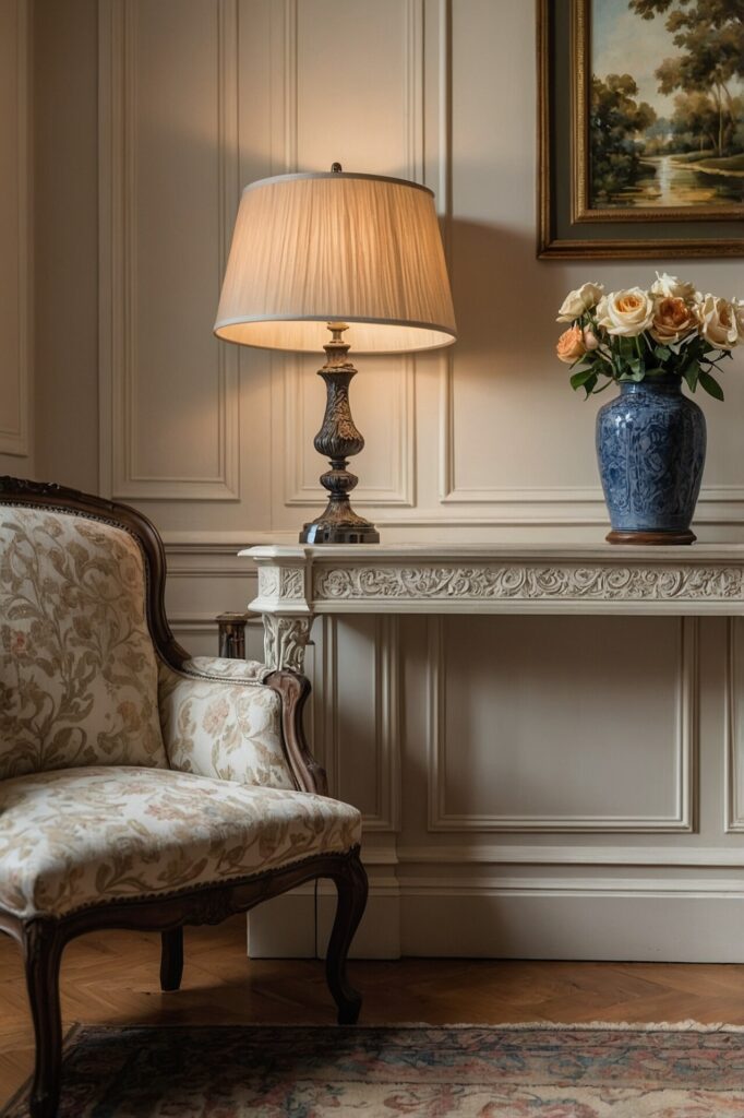 A refined space with French Country Décor, featuring an upholstered armchair, a decorative table with an ornate lamp, and a blue vase filled with roses, all set against intricate white wainscoting.