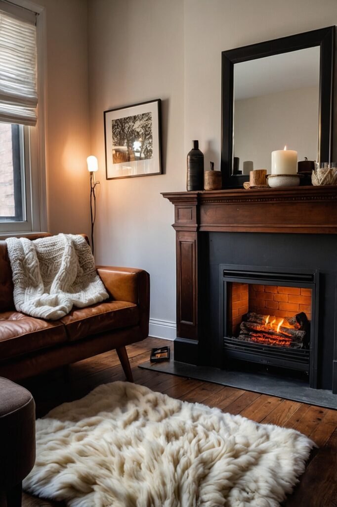 Cozy Scandinavian living room with a leather sofa, warm fireplace, wooden mantel, and soft white fur rug.