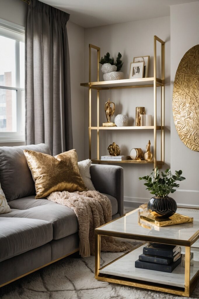 A modern living room with a plush gray sofa adorned with gold and white accent pillows, along with a soft knit throw. A marble-top coffee table with a gold frame holds a small black vase with greenery and a stack of books. In the background, a sleek gold shelving unit displays decorative items, including gold sculptures and white ceramics. Gray curtains frame a window, while a large gold wall art piece adds a touch of elegance to the neutral space. The room has a sophisticated and cozy atmosphere, with rich textures and metallic accents.