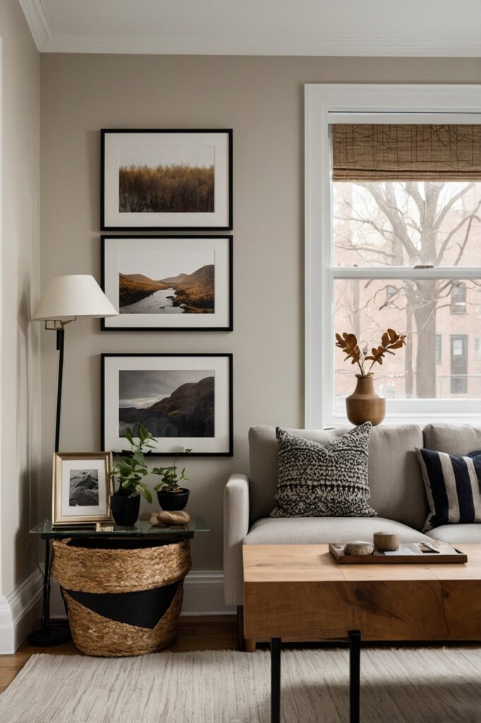 Scandinavian-inspired living room with a beige sofa, wooden coffee table, framed landscape art, and a woven basket beside a window.