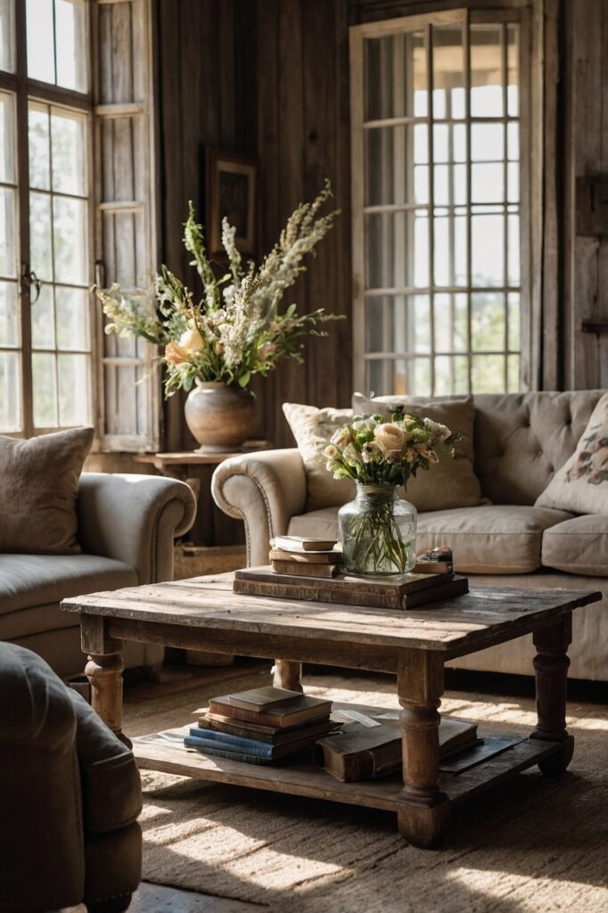 A living room showcasing French Country Décor, with rustic wooden furniture, soft sofas, floral arrangements, and natural light streaming through large windows.