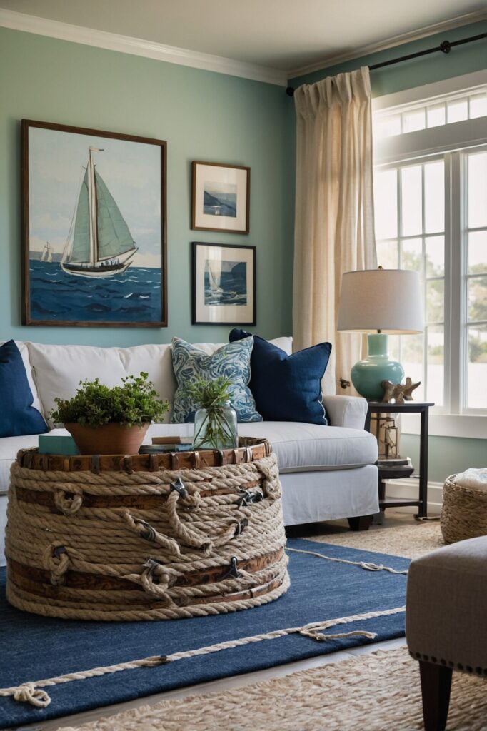 A coastal-themed living room with a nautical twist, featuring a white sofa adorned with navy and ocean-patterned pillows. The centerpiece is a rope-wrapped coffee table, adding a rustic marine touch. The walls showcase sailboat artwork, while the soft green wall color and large window enhance the airy, seaside feel. A ceramic lamp and natural elements like a potted plant complete the coastal décor.