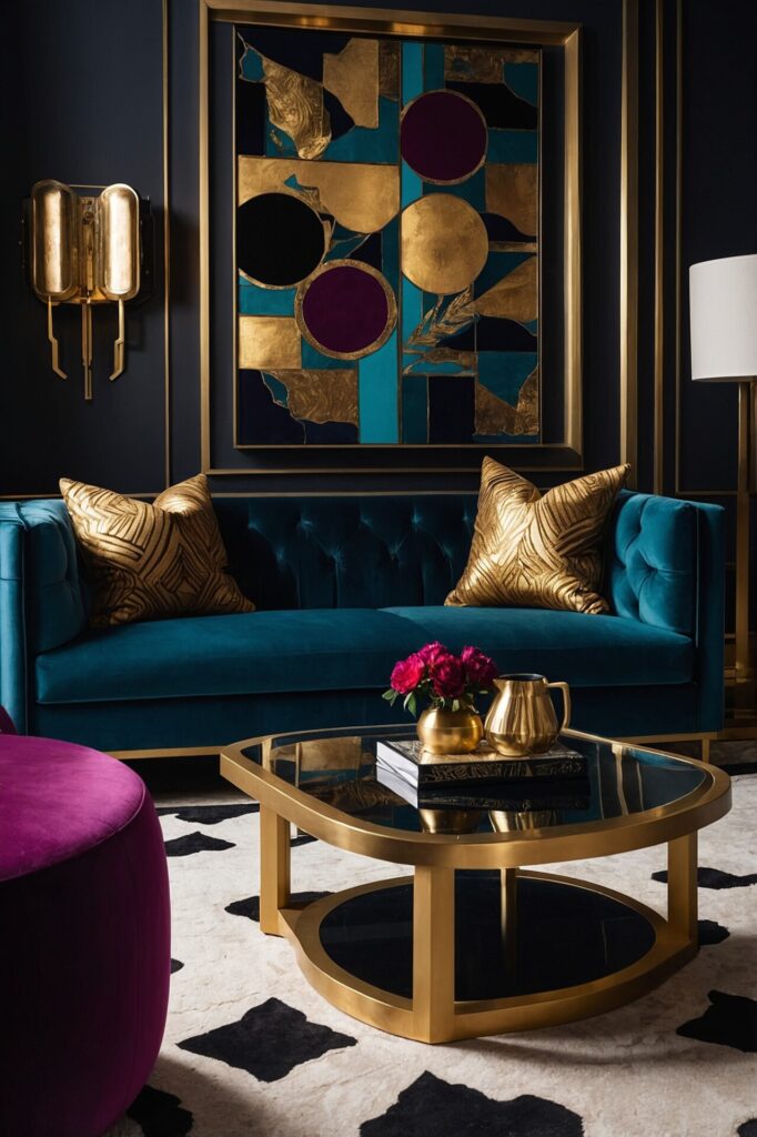 A bold and luxurious living room featuring a deep teal velvet sofa with gold geometric accent pillows. A black and gold coffee table holds a gold pitcher, a vase of vibrant red flowers, and a stack of books. Behind the sofa, an abstract art piece in rich jewel tones of gold, purple, and teal creates a striking focal point. A plush purple ottoman and a black-and-white patterned rug add depth and contrast to the space, while gold lighting fixtures and frames enhance the opulent atmosphere.