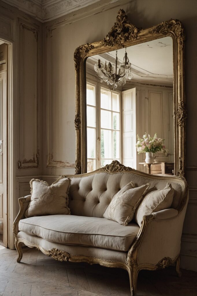 An elegant room with French Country Décor, featuring an ornate gold-framed mirror, a tufted vintage sofa, and soft floral accents.