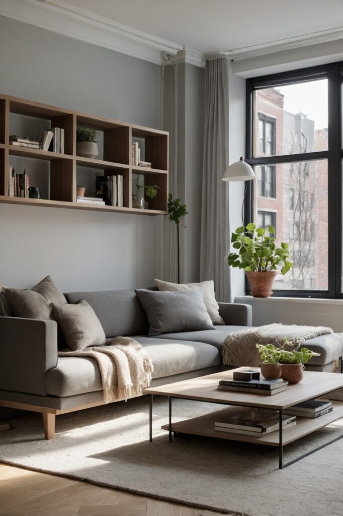 Cozy living room with Scandinavian décor, featuring a gray sectional sofa, wooden shelving, a minimalist coffee table, and potted plants by the window