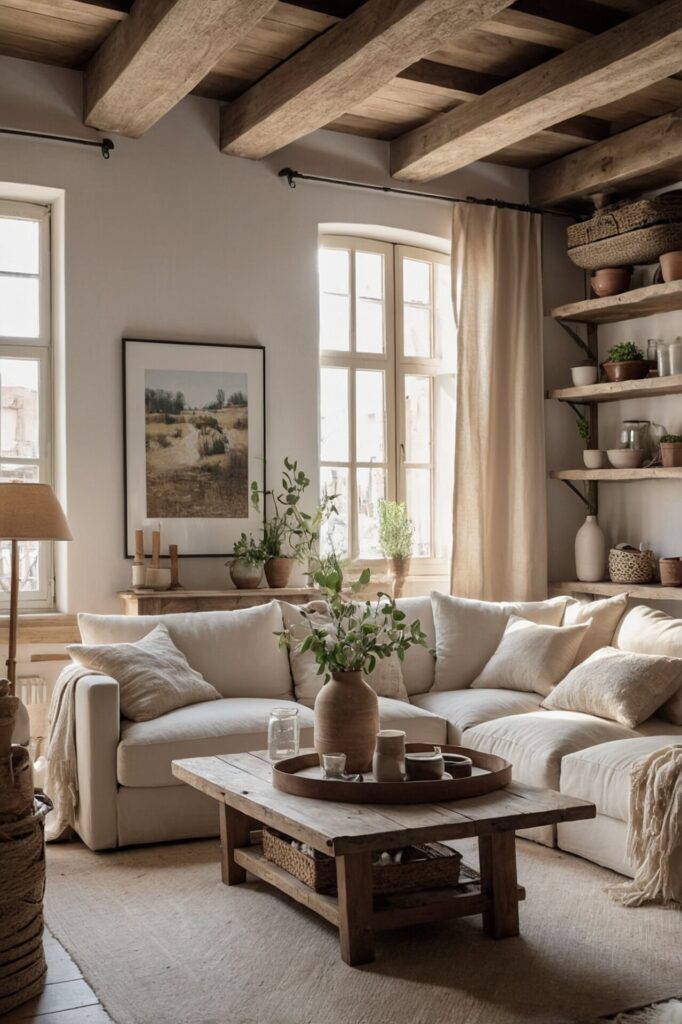 A living room with French Country Décor, featuring a beige sectional sofa, rustic wooden coffee table, potted plants, and earthy tones throughout.