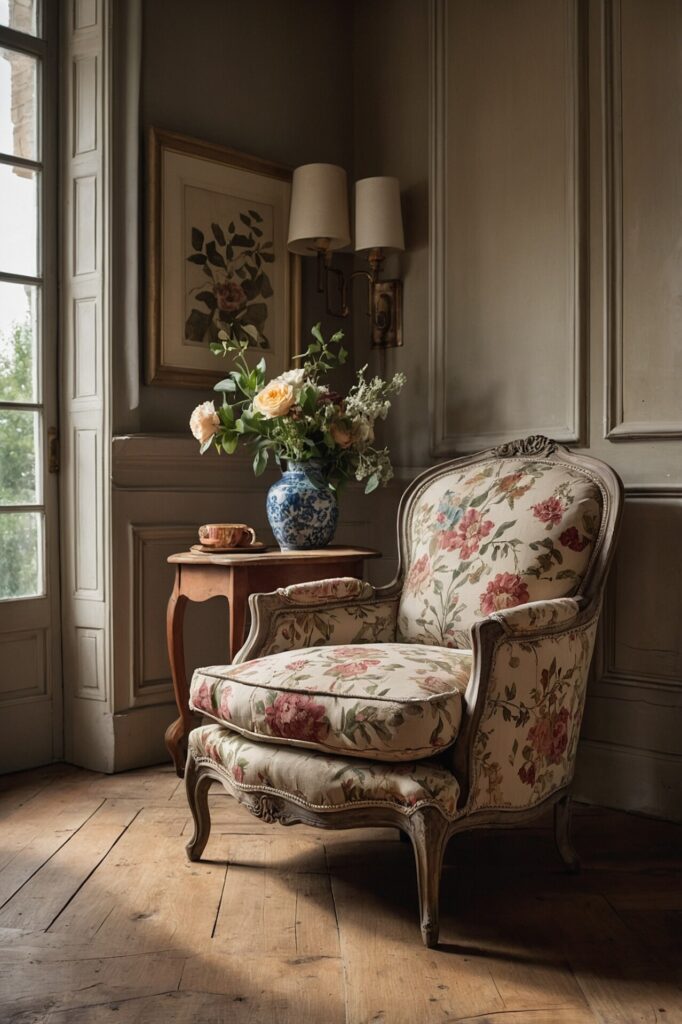 A cozy corner featuring French Country Décor, with a floral-patterned armchair, a small wooden side table, and a vase of fresh flowers in a blue and white porcelain vase.