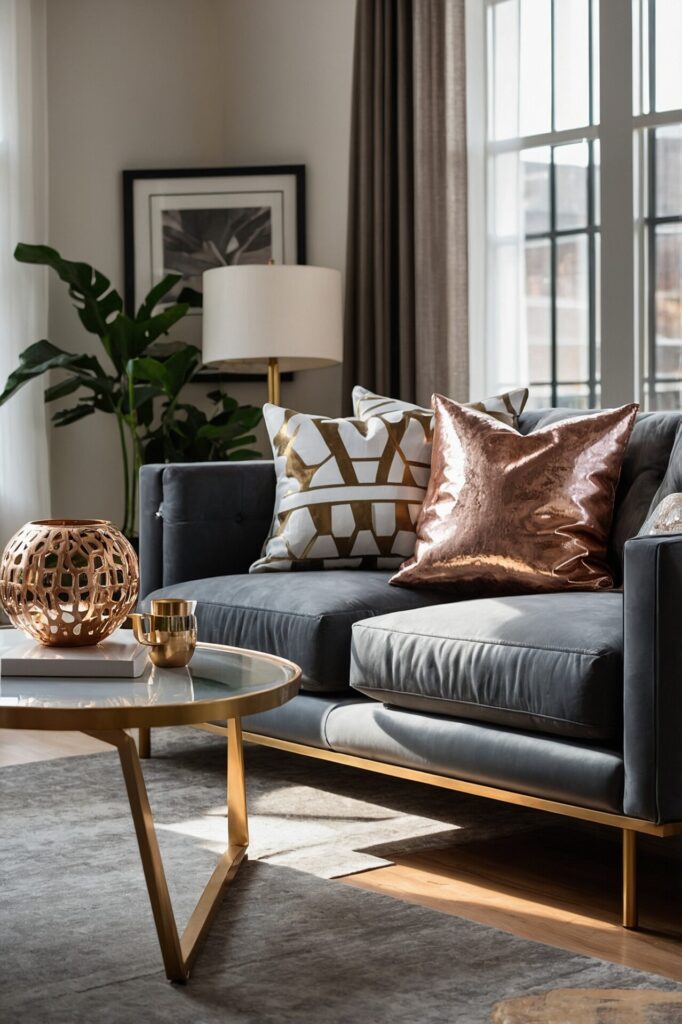 A chic living room with a dark gray sofa adorned with metallic accent pillows in copper and gold tones. A modern round glass coffee table with a gold frame holds a decorative copper orb and a small gold cup. In the background, a tall houseplant, a white floor lamp, and framed artwork complement the neutral-colored walls and large windows that fill the space with natural light.
