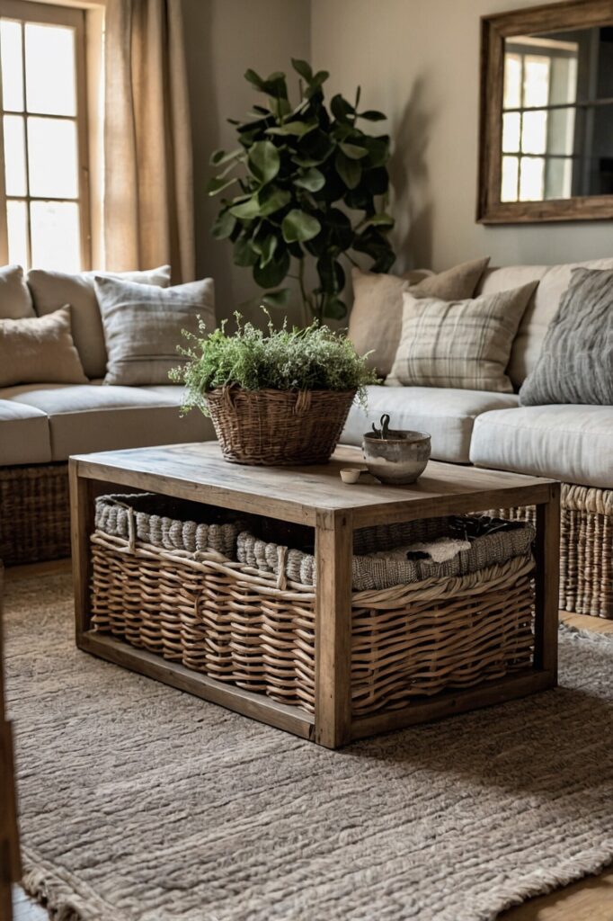 A living room with French Country Décor, featuring a beige sofa, wicker baskets under a rustic wooden coffee table, and a potted plant adding greenery to the space.