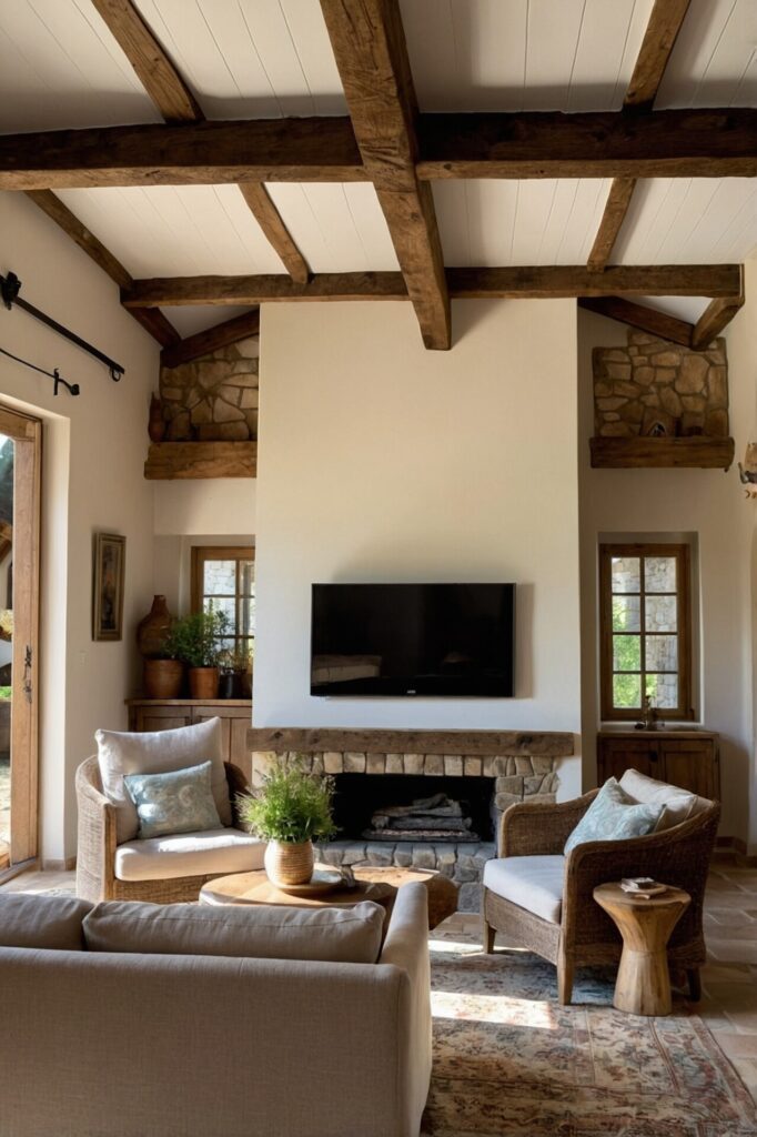 A living room with French Country Décor, featuring exposed wooden beams, a stone fireplace, comfortable seating, and natural light streaming in through large windows.