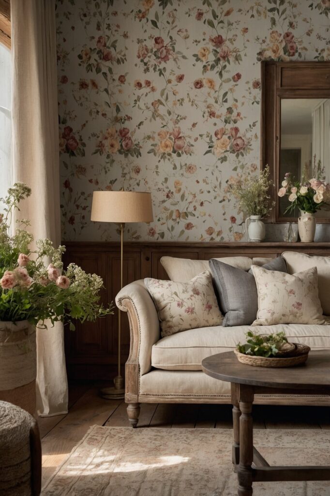 A living room with French Country Décor, featuring floral wallpaper, a beige sofa with floral-patterned pillows, a wooden coffee table, and fresh flowers enhancing the soft, cozy atmosphere.