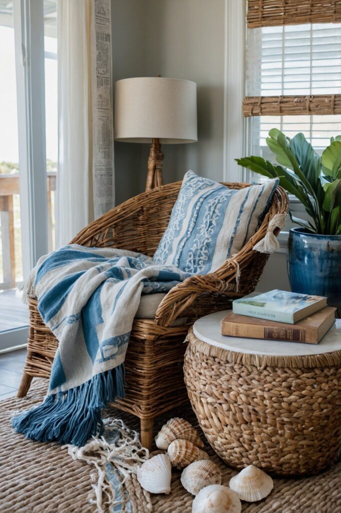 A coastal-inspired reading nook featuring a cushioned wicker armchair with a blue and white patterned pillow and matching throw blanket. The chair is paired with a woven side table topped with books, placed next to a large blue ceramic planter holding a lush green plant. Seashells scattered on the textured rug and the natural light streaming in from a nearby window enhance the beachy ambiance. A rope-wrapped floor lamp adds a rustic touch, completing the cozy, seaside retreat.